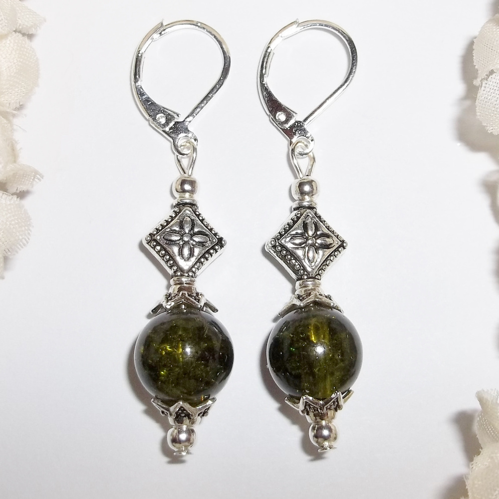 Dark Green & Silver Earring Beaded Dangle Set 4319